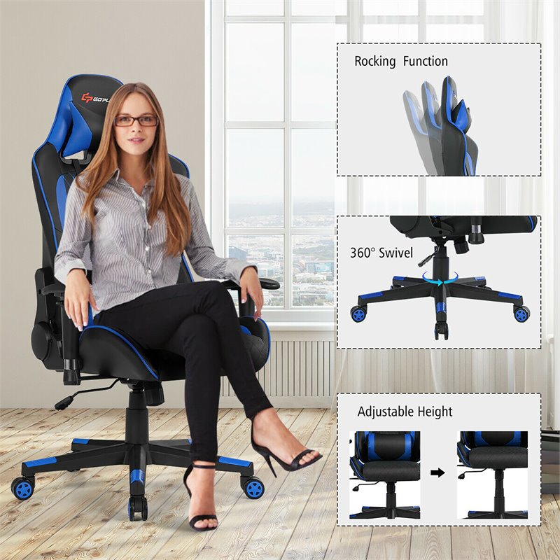 Costway PU Metal Massage Gaming Chair with Lumbar Support & Headrest in Blue