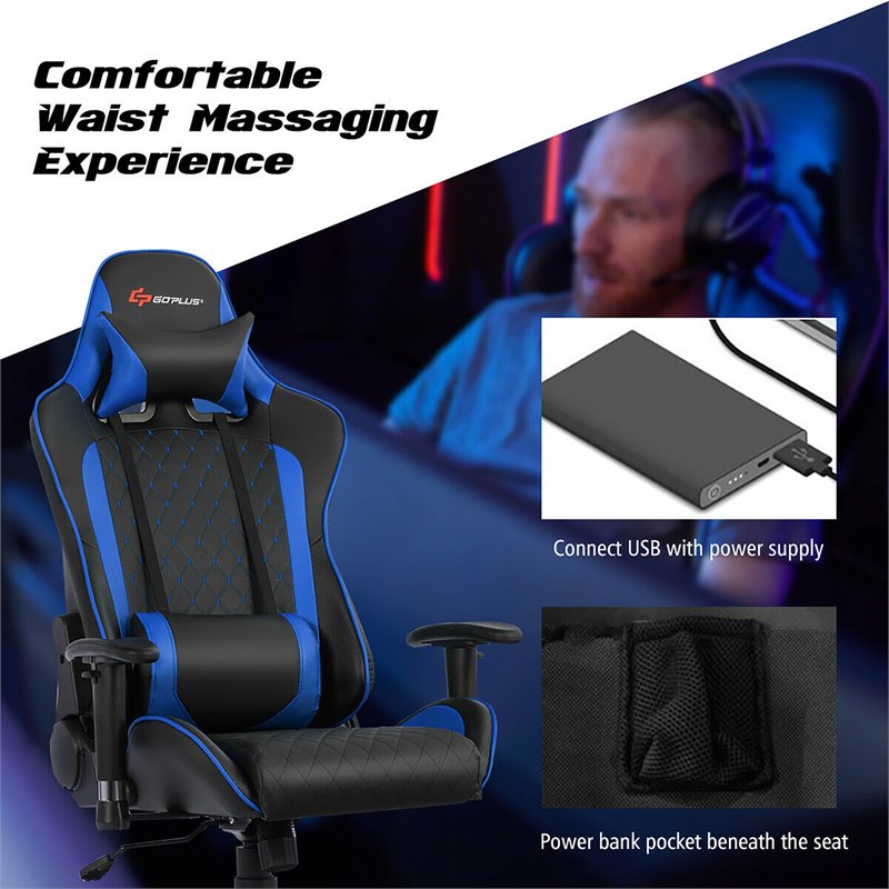 Costway PU Metal Massage Gaming Chair with Lumbar Support & Headrest in Blue