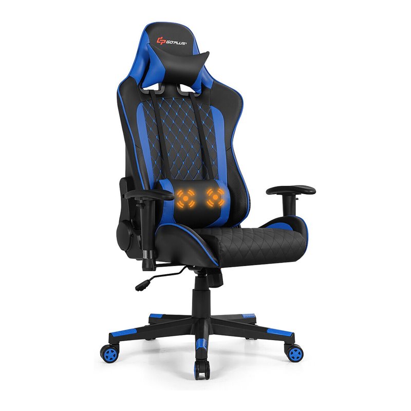 Costway PU Metal Massage Gaming Chair with Lumbar Support & Headrest in Blue
