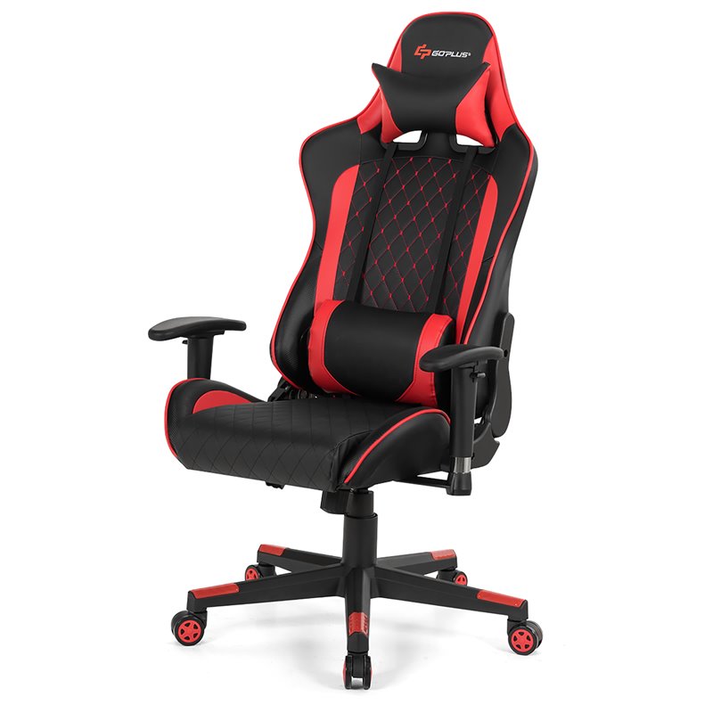 Costway PU Metal Massage Gaming Chair with Lumbar Support & Headrest in Red
