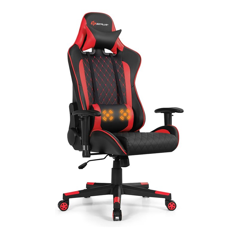 Costway PU Metal Massage Gaming Chair with Lumbar Support & Headrest in Red