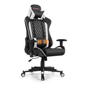 Costway PU Metal Massage Gaming Chair with Lumbar Support & Headrest in White