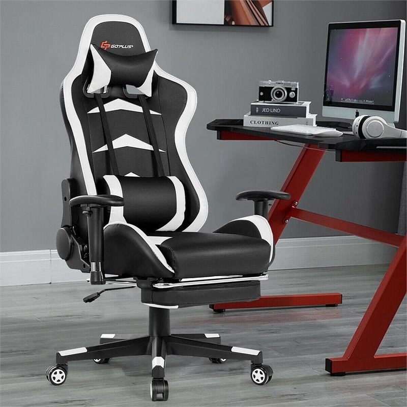 Costway PU and Metal Swivel Massage Gaming Chair with Footrest in White