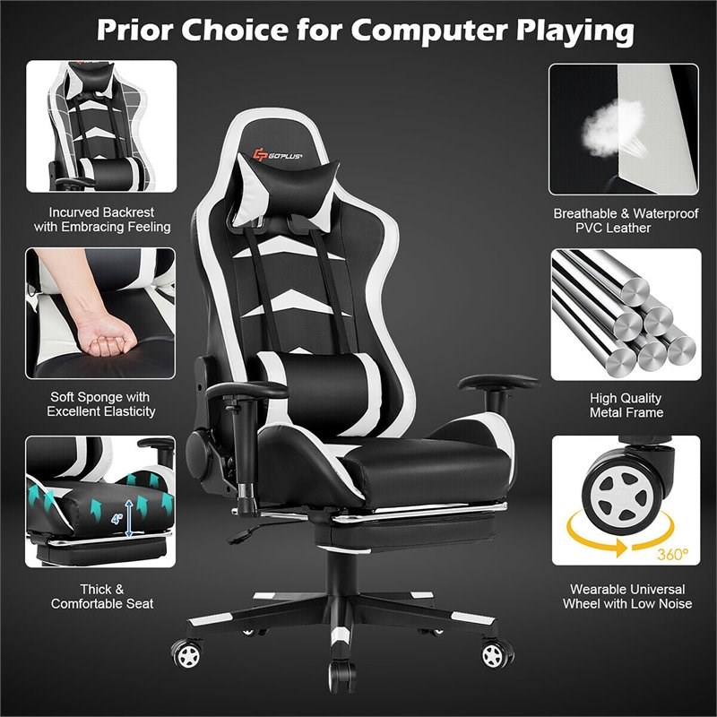 Costway PU and Metal Swivel Massage Gaming Chair with Footrest in White