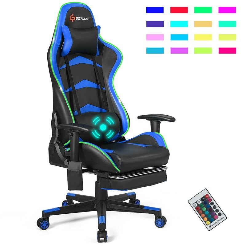 Costway PU Metal Massage LED Gaming Chair w/ Lumbar Support & Footrest in Blue