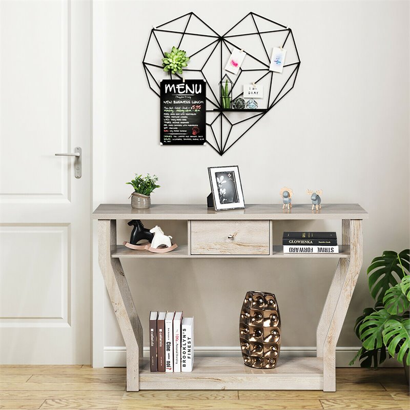 Costway 3-tier Contemporary MDF Console Table with Drawer in Gray