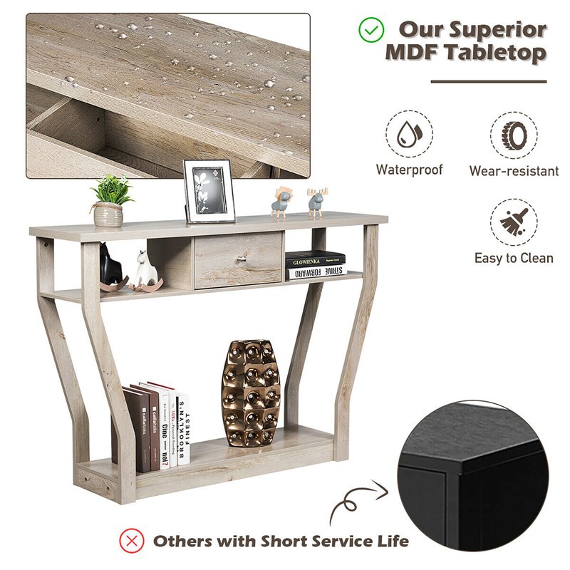 Costway 3-tier Contemporary MDF Console Table with Drawer in Gray