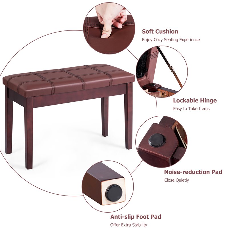 Costway Contemporary Solid Wood and PU Leather Piano Bench in Brown