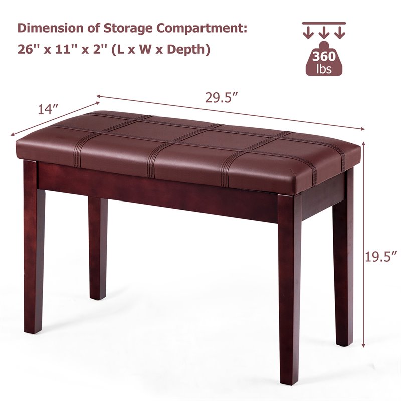 Costway Contemporary Solid Wood and PU Leather Piano Bench in Brown