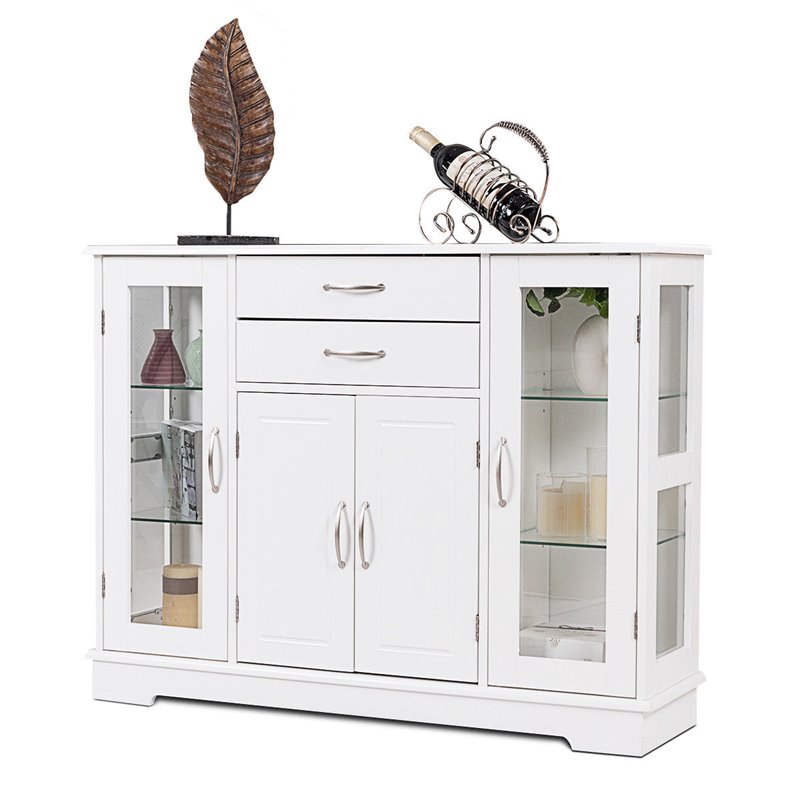 Costway Contemporary Density Board Buffet with Glass Door Drawers in White