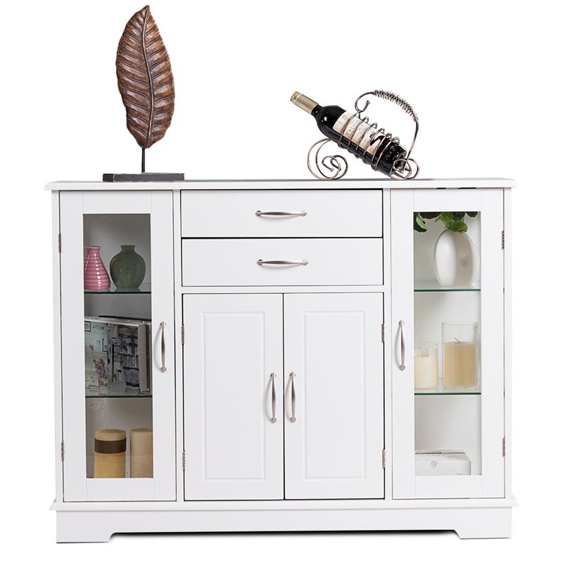 Costway Contemporary Density Board Buffet with Glass Door Drawers in White