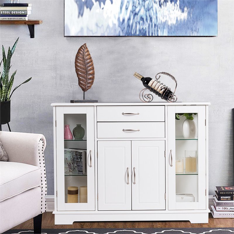 Costway Contemporary Density Board Buffet with Glass Door Drawers in White