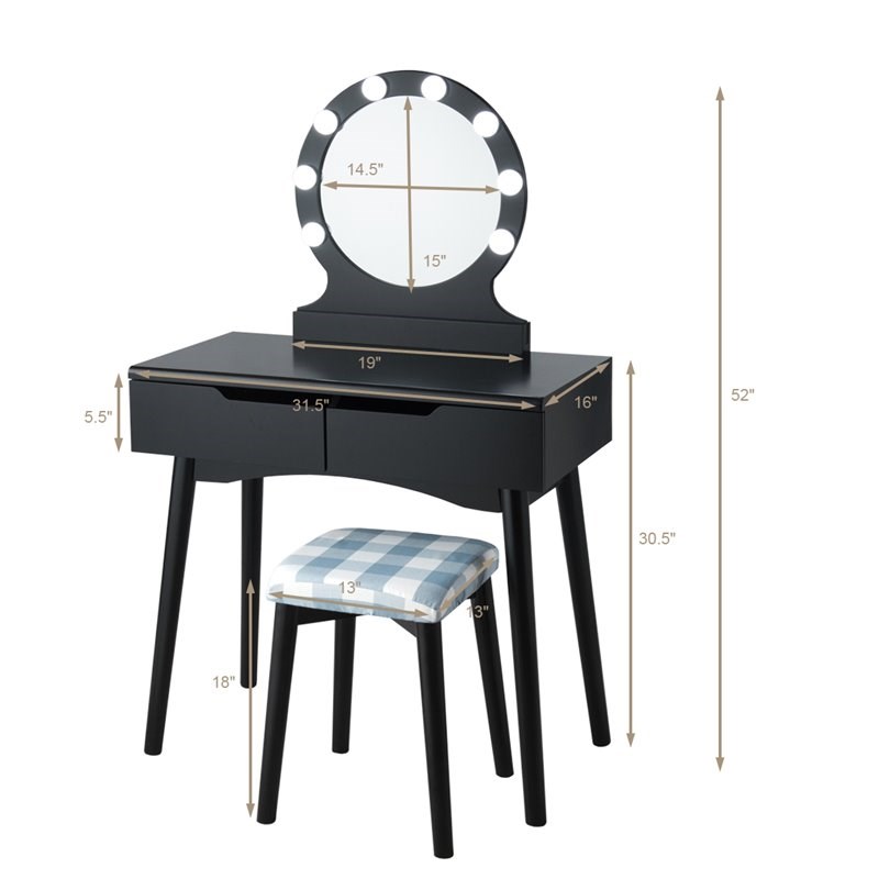 Costway MDF Vanity Makeup Dressing Set with 8 Dimmable Bulbs Mirror in Black