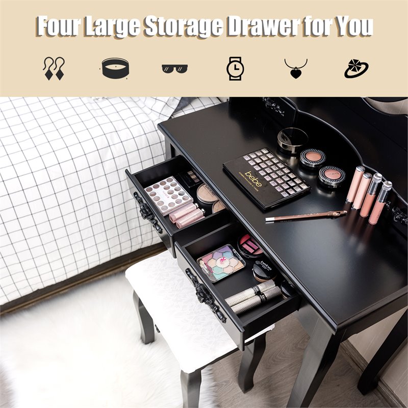 Costway Contemporary P2 MDF Vanity Dressing Table Set with 4 Drawers in Black