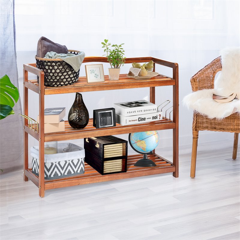 Costway 3-Tier Contemporary Acacia Wood Freestanding Shoe Rack in Red Brown