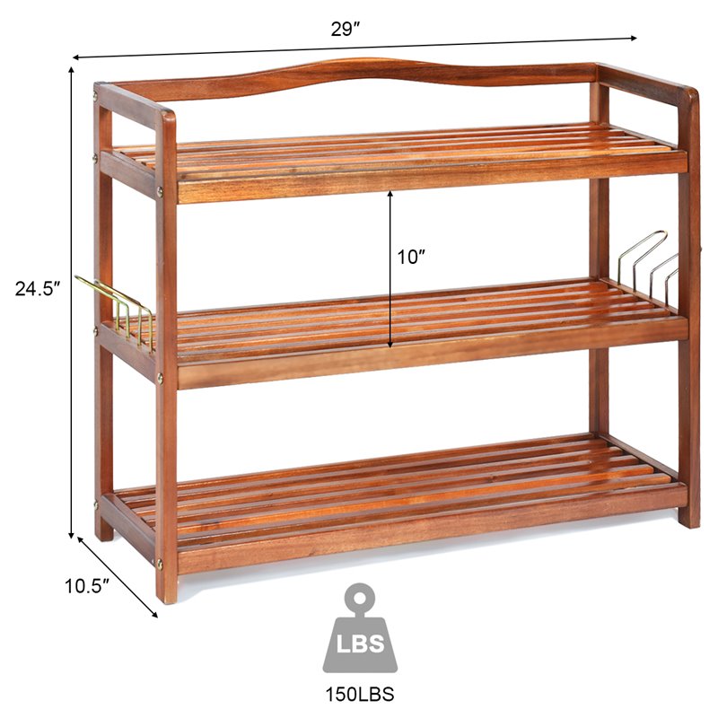 Costway 3-Tier Contemporary Acacia Wood Freestanding Shoe Rack in Red Brown