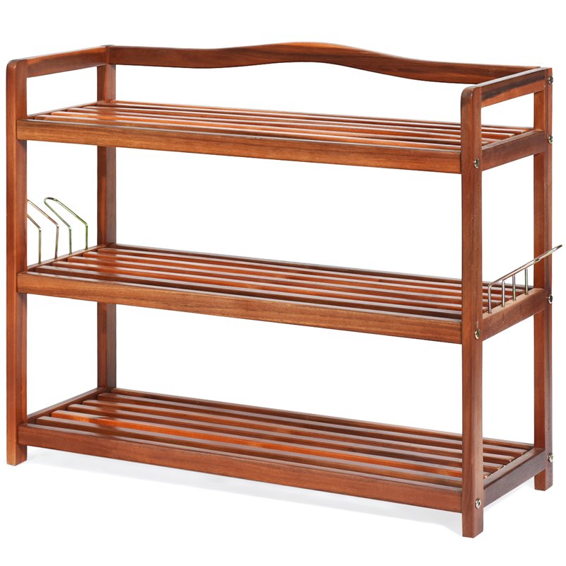 Costway 3-Tier Contemporary Acacia Wood Freestanding Shoe Rack in Red Brown