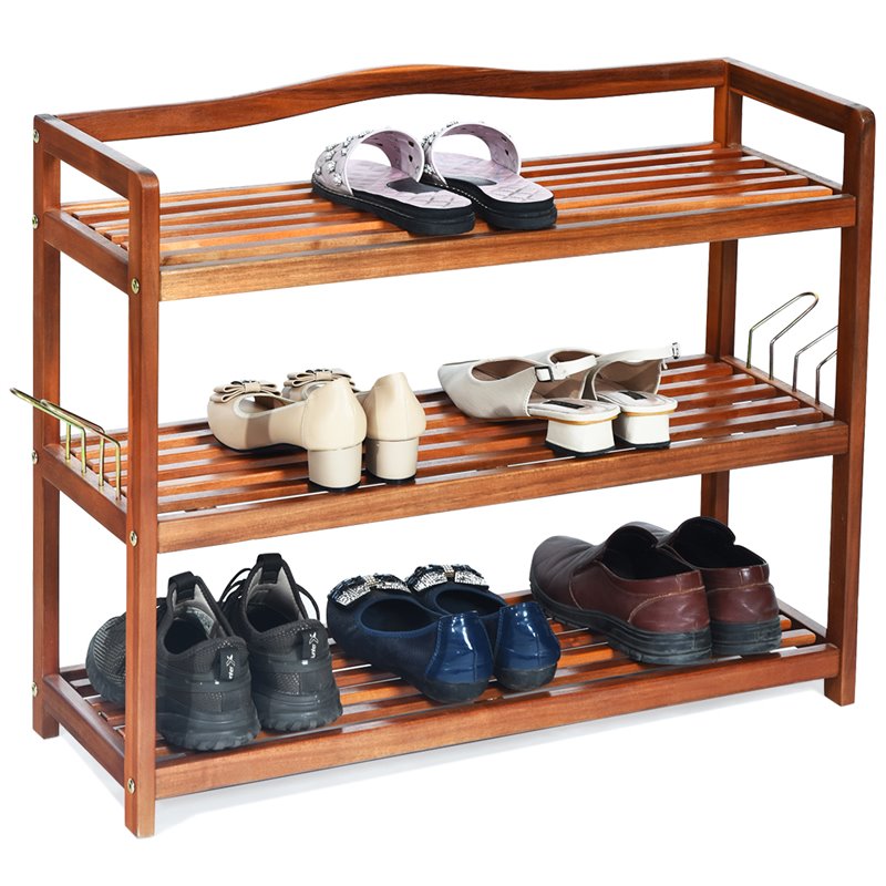Costway 3-Tier Contemporary Acacia Wood Freestanding Shoe Rack in Red Brown