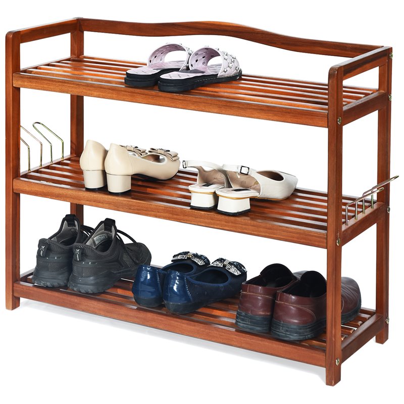 Costway 3-Tier Contemporary Acacia Wood Freestanding Shoe Rack in Red Brown