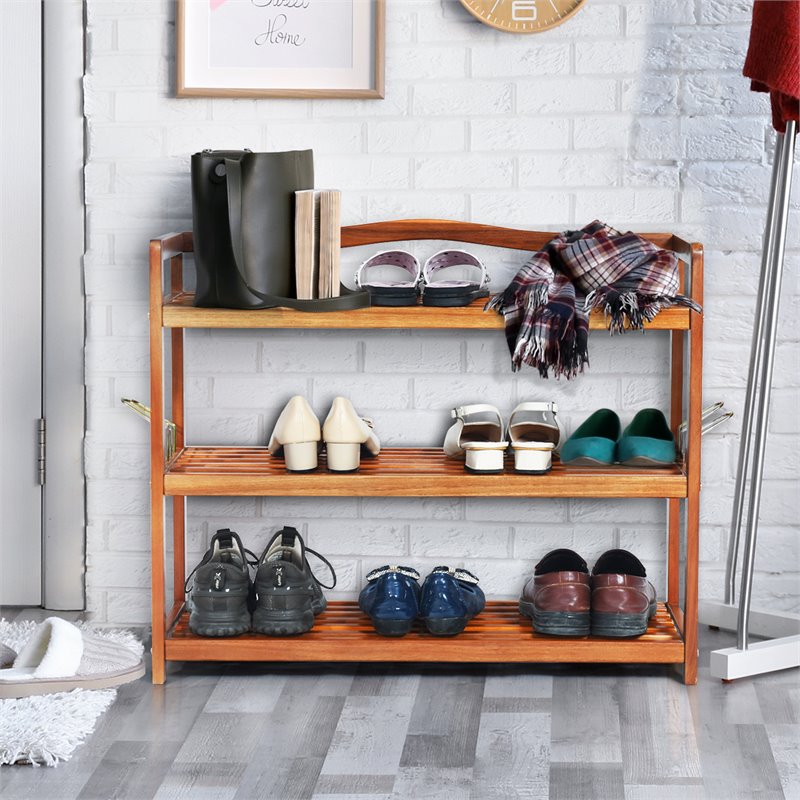 Costway 3-Tier Contemporary Acacia Wood Freestanding Shoe Rack in Red Brown