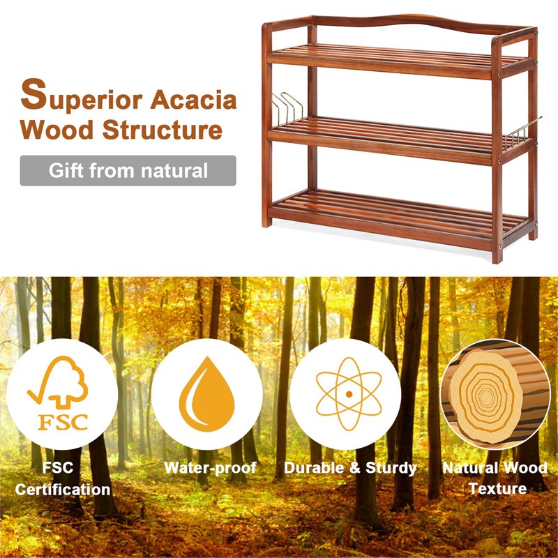 Costway 3-Tier Contemporary Acacia Wood Freestanding Shoe Rack in Red Brown