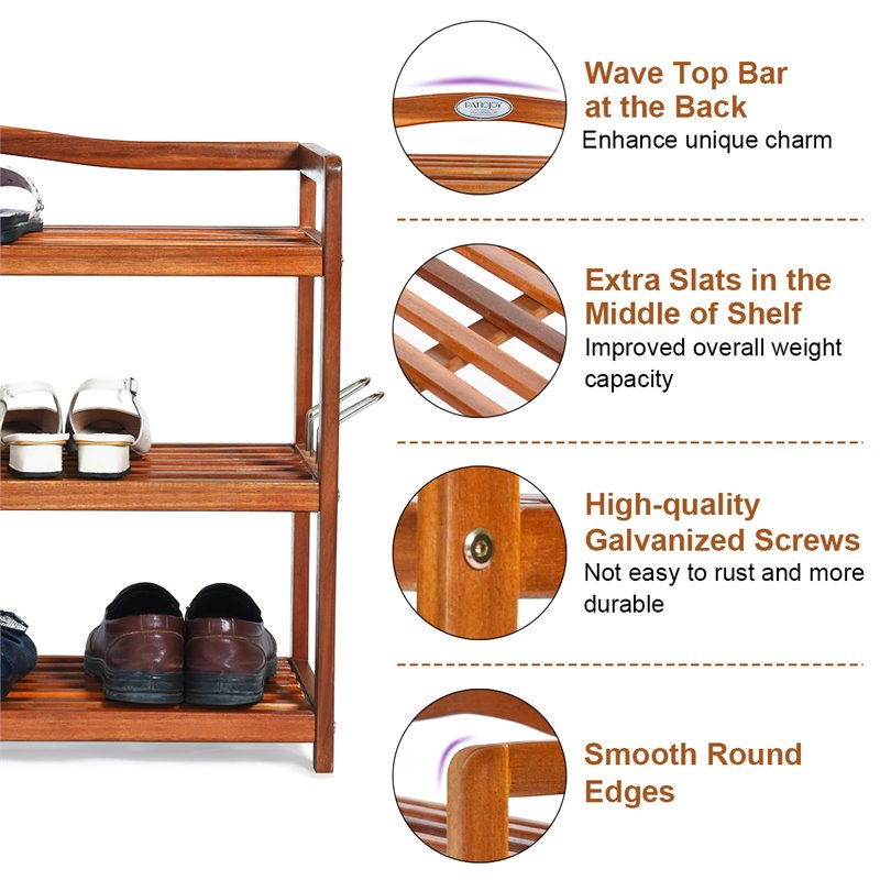 Costway 3-Tier Contemporary Acacia Wood Freestanding Shoe Rack in Red Brown