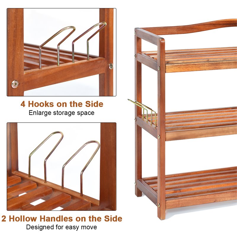 Costway 3-Tier Contemporary Acacia Wood Freestanding Shoe Rack in Red Brown