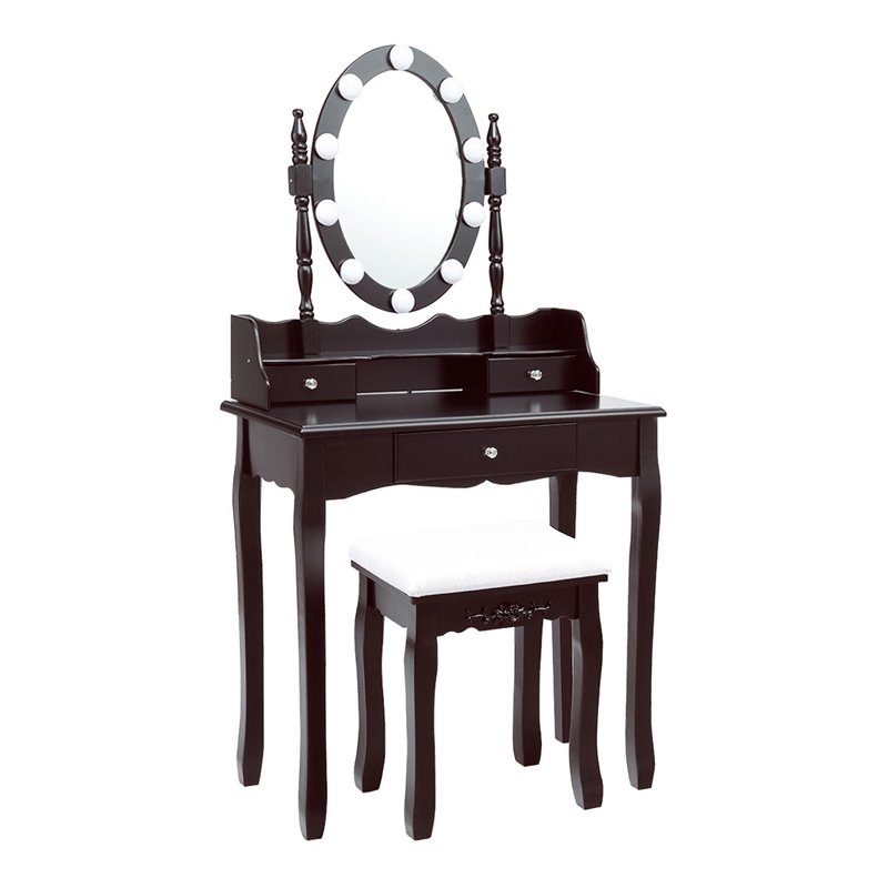 Costway Contemporary MDF Vanity Dressing Table Set with 2 Side Drawers in Brown