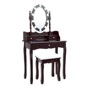 Costway Contemporary MDF Vanity Dressing Table Set with 2 Side Drawers in Brown