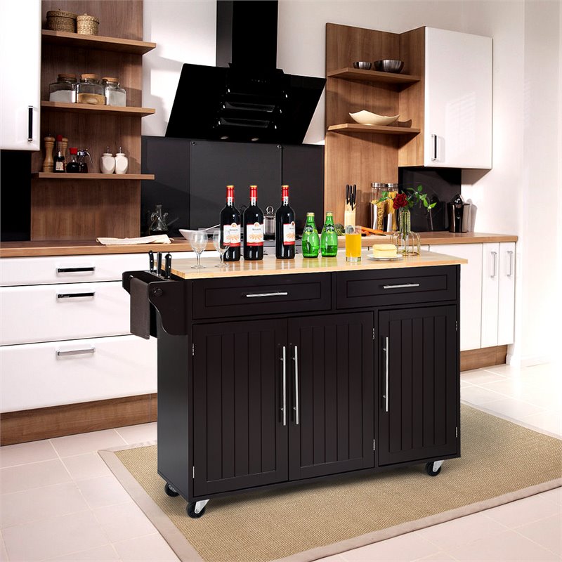 Costway MDF & Rubber Wood Kitchen Island Trolley Cart with Knife Block in Brown