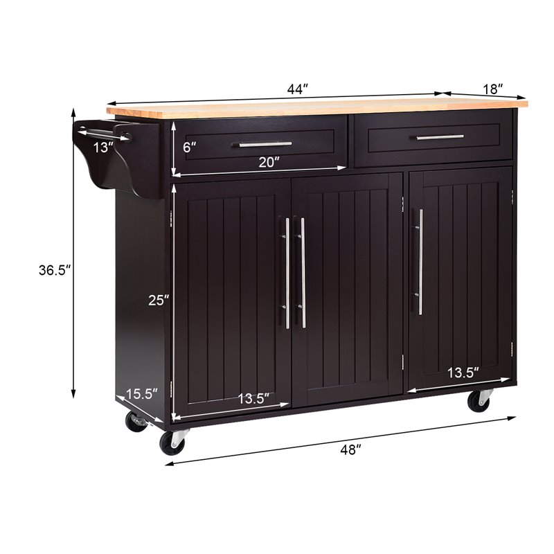 Costway MDF & Rubber Wood Kitchen Island Trolley Cart with Knife Block in Brown
