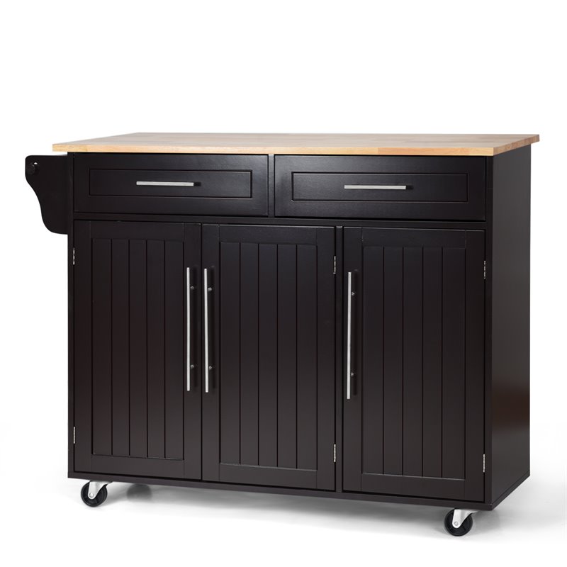 Costway MDF & Rubber Wood Kitchen Island Trolley Cart with Knife Block in Brown