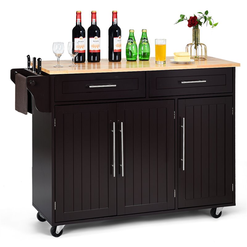Costway MDF & Rubber Wood Kitchen Island Trolley Cart with Knife Block in Brown