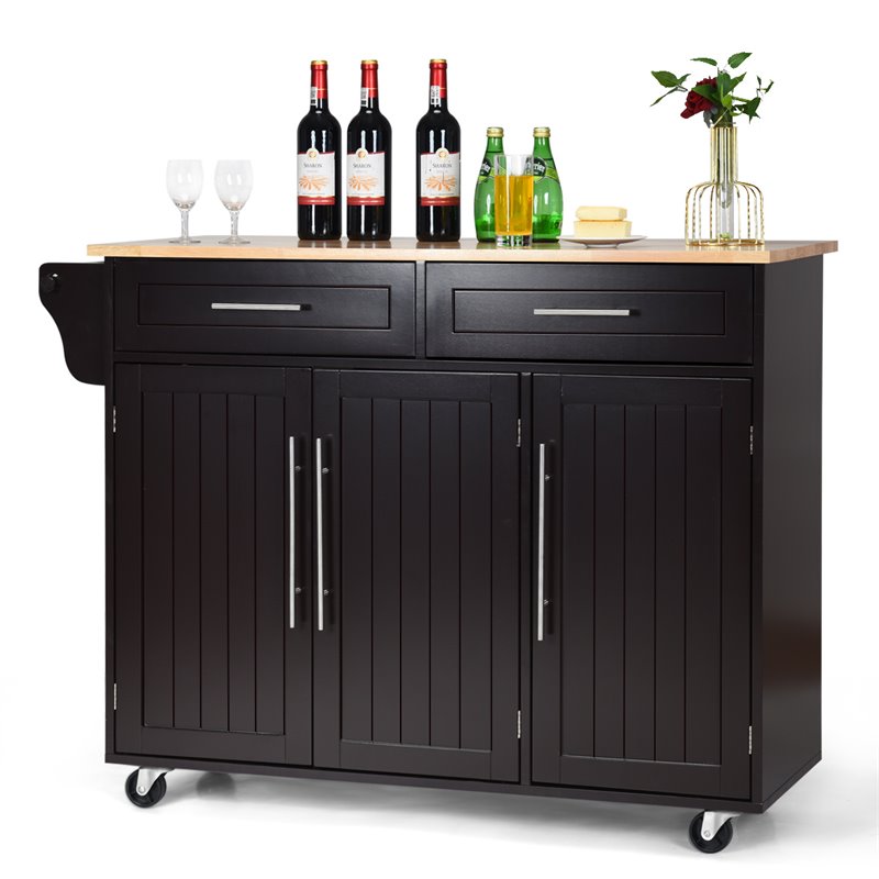 Costway MDF & Rubber Wood Kitchen Island Trolley Cart with Knife Block in Brown