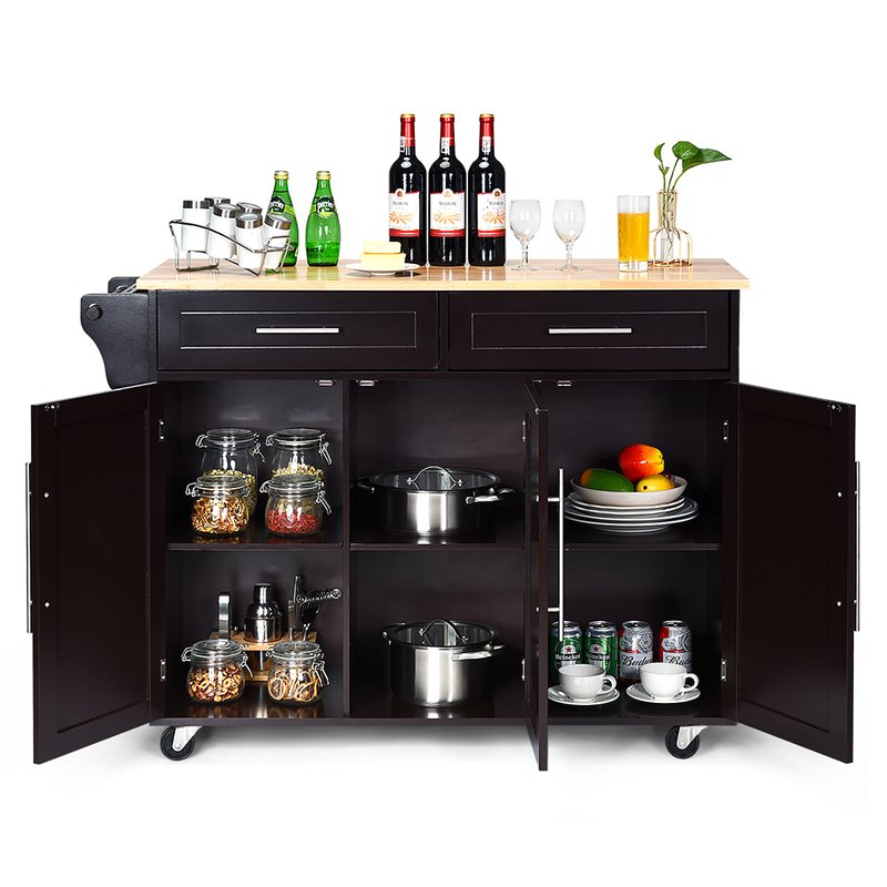 Costway MDF & Rubber Wood Kitchen Island Trolley Cart with Knife Block in Brown