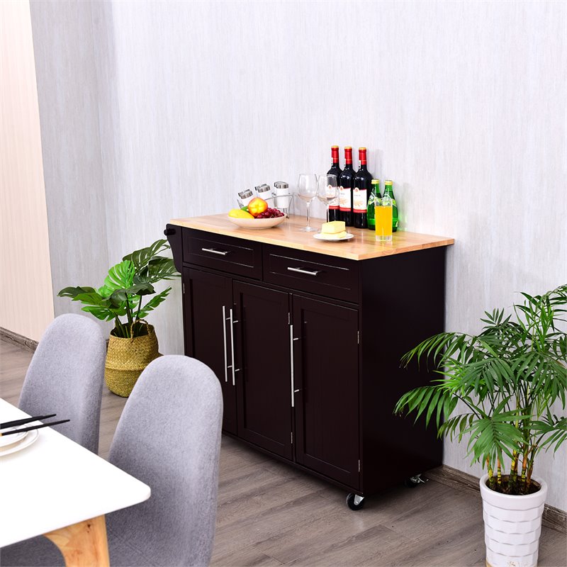 Costway MDF & Rubber Wood Kitchen Island Trolley Cart with Knife Block in Brown