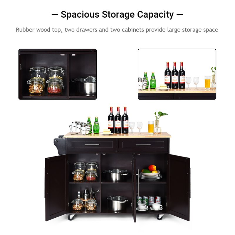 Costway MDF & Rubber Wood Kitchen Island Trolley Cart with Knife Block in Brown