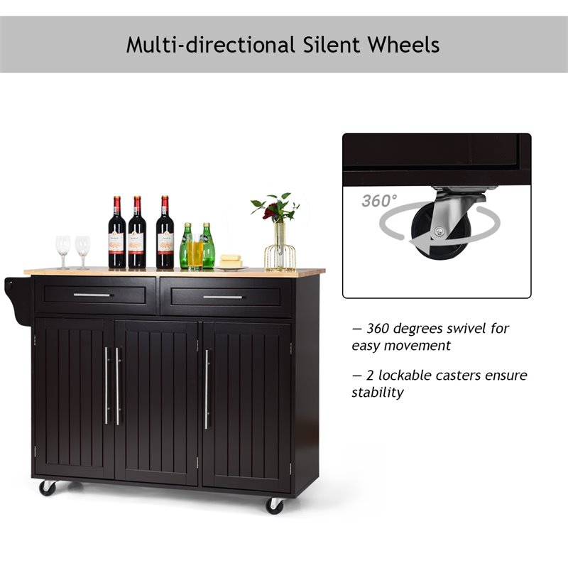 Costway MDF & Rubber Wood Kitchen Island Trolley Cart with Knife Block in Brown
