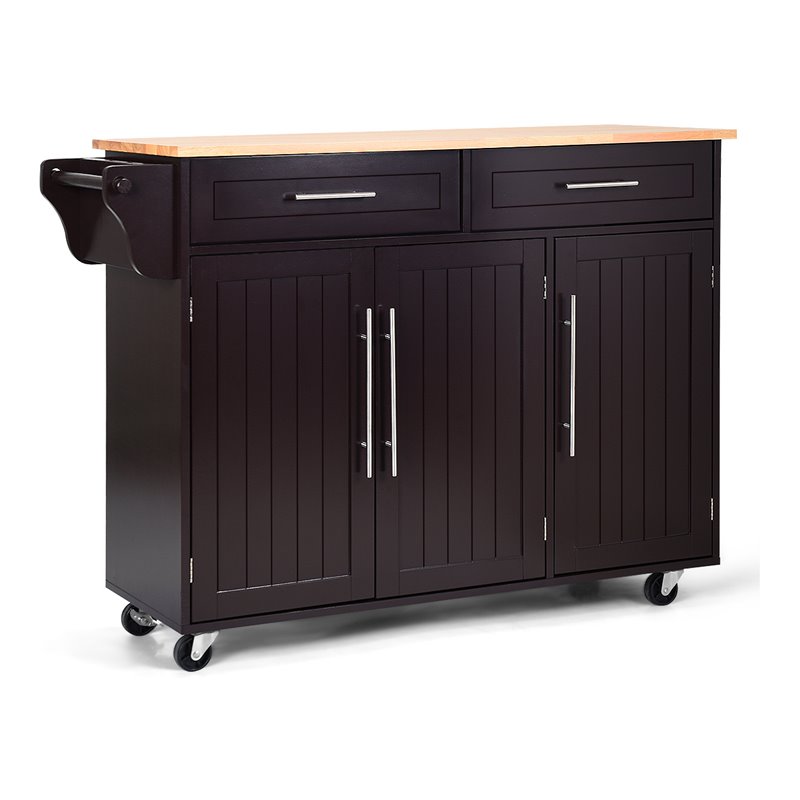 Costway MDF & Rubber Wood Kitchen Island Trolley Cart with Knife Block in Brown