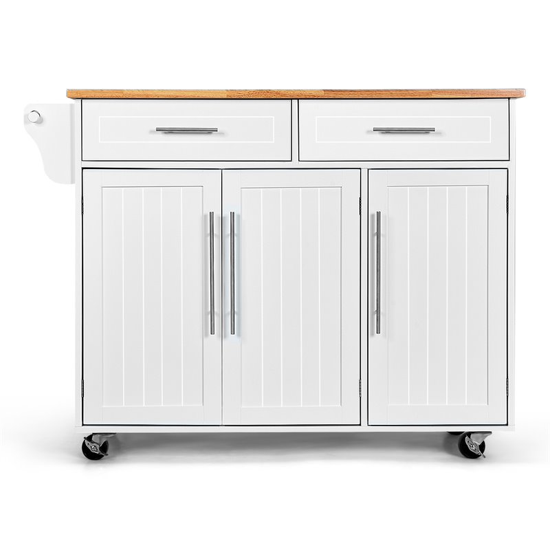 Costway MDF & Rubber Wood Kitchen Island Trolley Cart with Knife Block in White