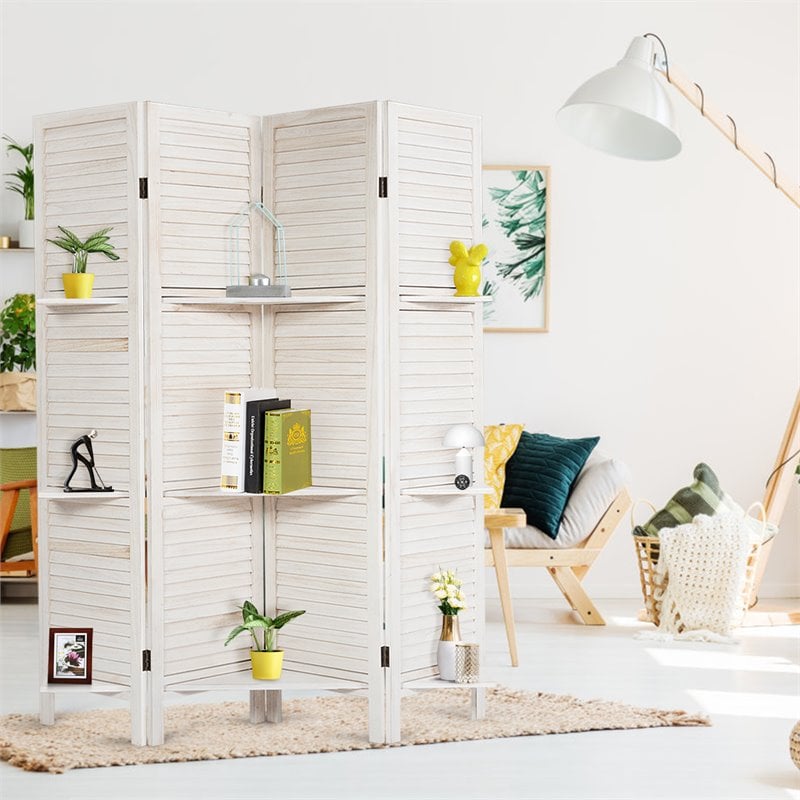Costway 4-panel Contemporary Paulownia Folding Privacy Room Divider in White