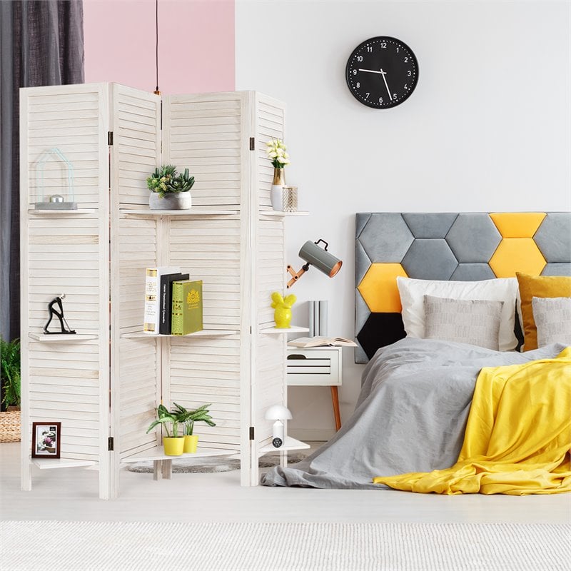 Costway 4-panel Contemporary Paulownia Folding Privacy Room Divider in White