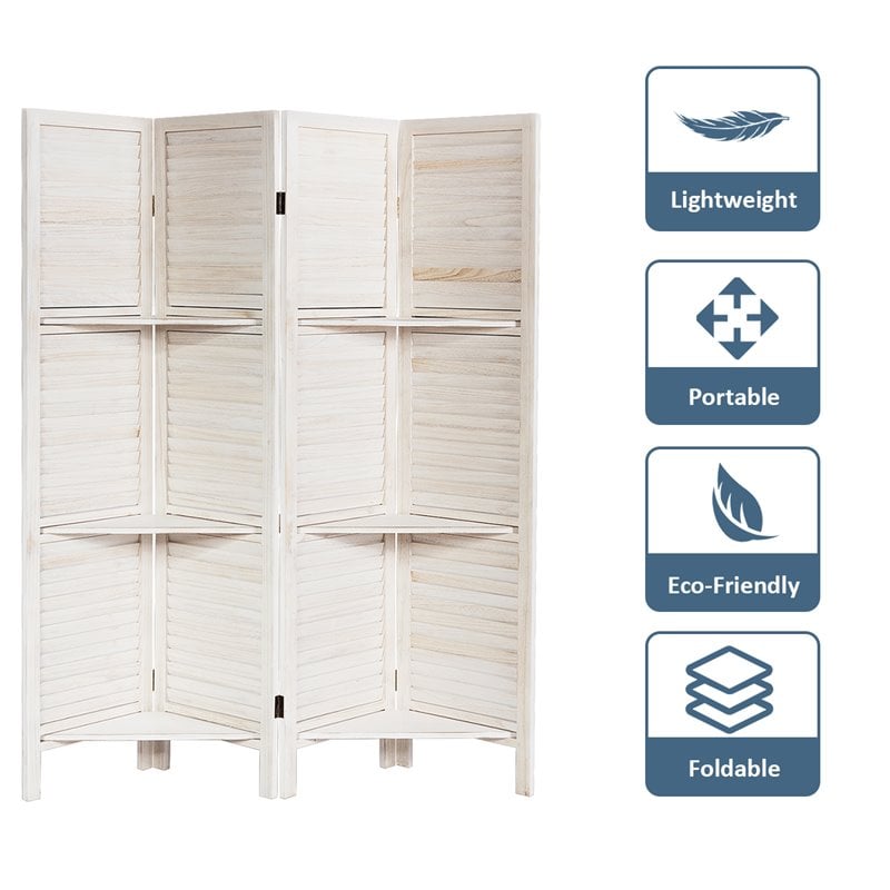 Costway 4-panel Contemporary Paulownia Folding Privacy Room Divider in White