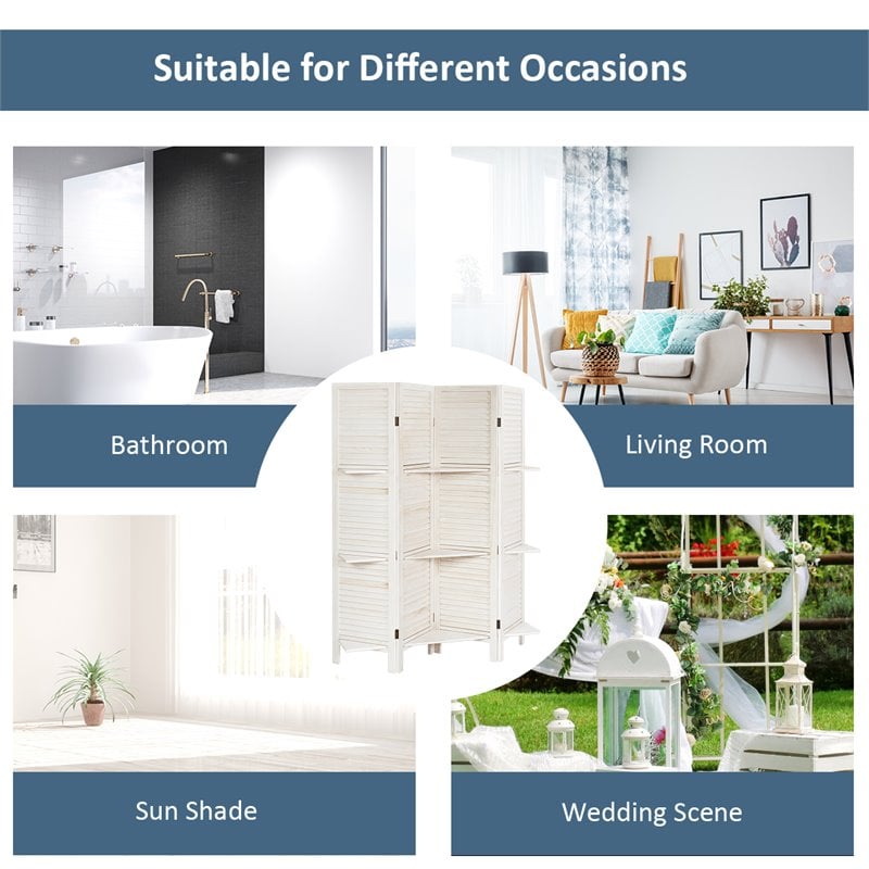 Costway 4-panel Contemporary Paulownia Folding Privacy Room Divider in White