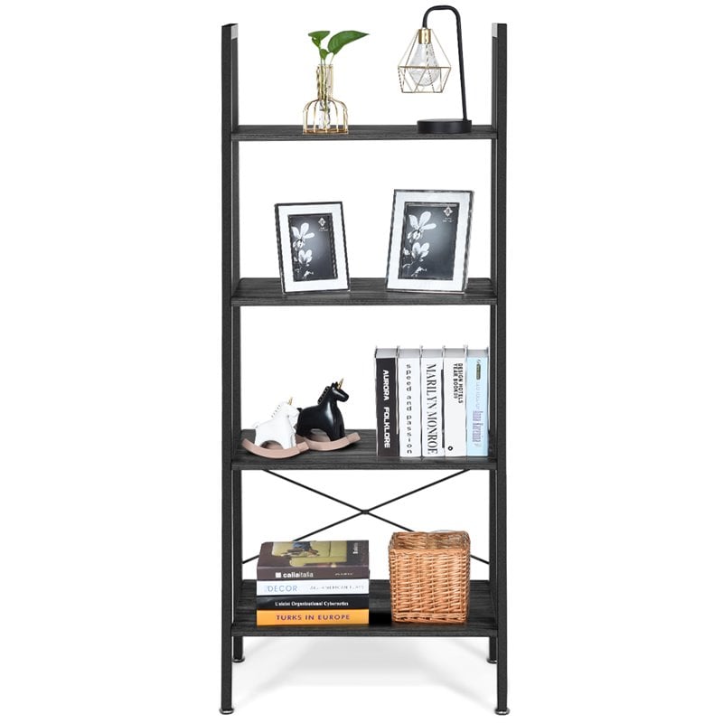 Costway 4-Tier Contemporary Wood and Metal Ladder Bookcase in Brown and Silver