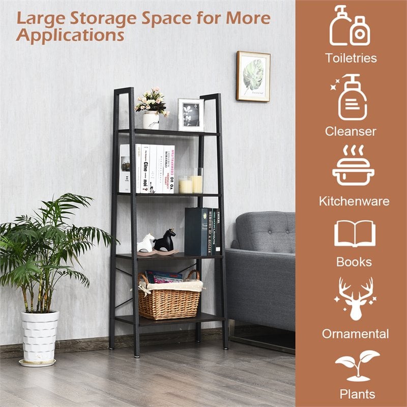 Costway 4-Tier Contemporary Wood and Metal Ladder Bookcase in Brown and Silver