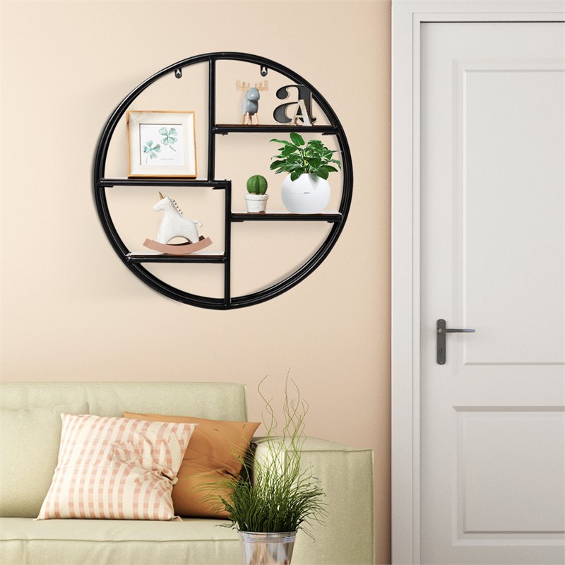 Costway Round Contemporary Wood and Iron Wall-mounted Storage Shelf in Black