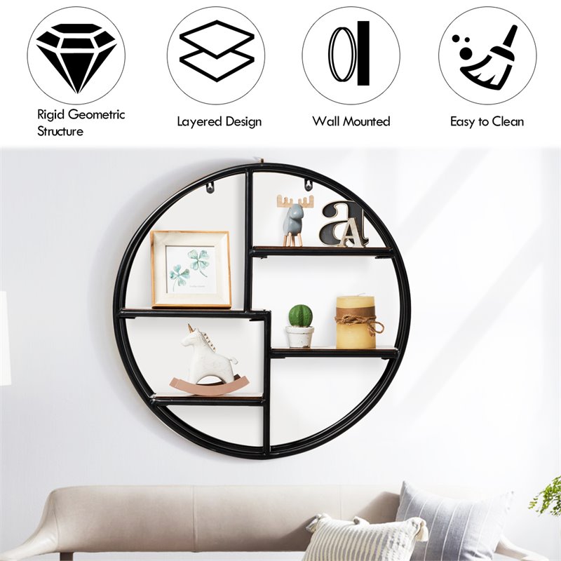 Costway Round Contemporary Wood and Iron Wall-mounted Storage Shelf in Black