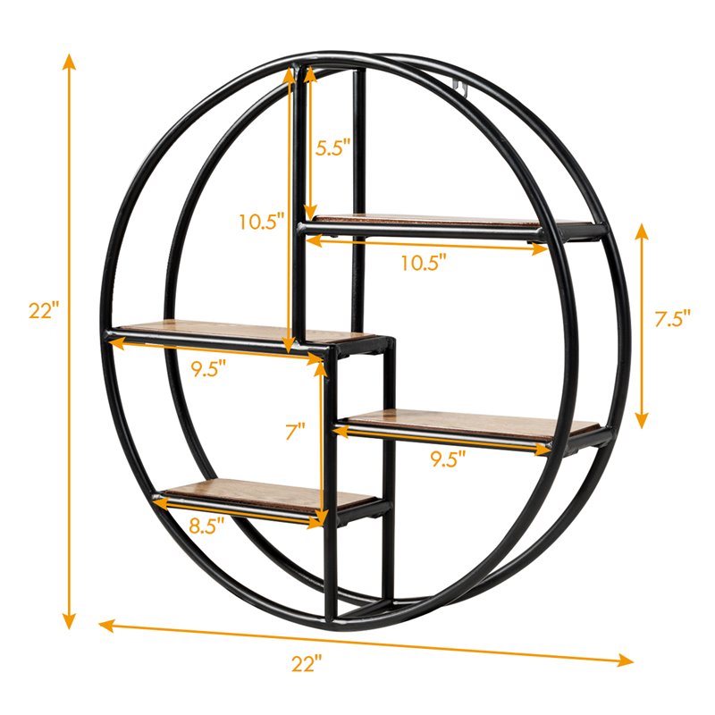 Costway Round Contemporary Wood and Iron Wall-mounted Storage Shelf in Black