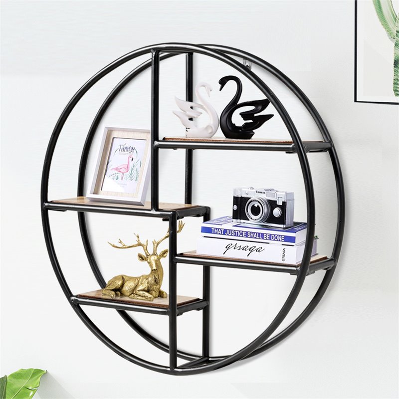 Costway Round Contemporary Wood and Iron Wall-mounted Storage Shelf in Black